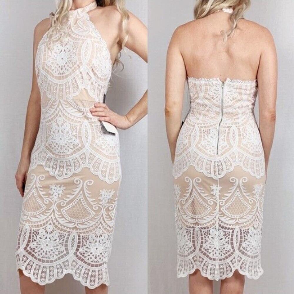 Lulus SMALL White Lace Halter Dress Wedding Gown Open Back Zip Layered Feminine